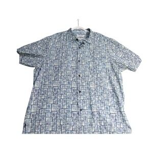 Tommy Bahama Mens 2XL Hawaiian Shirt Blue White Leaf Print Short Sleeve Silk